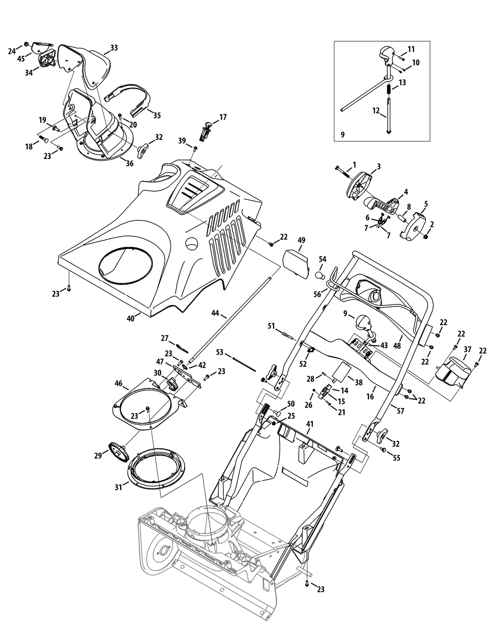 Shroud, Chute And Handle Diagram and Parts List for 1X221LHP (31AM2T6D710-31AM2T6D756)(2013) Cub Cadet Snow Blower